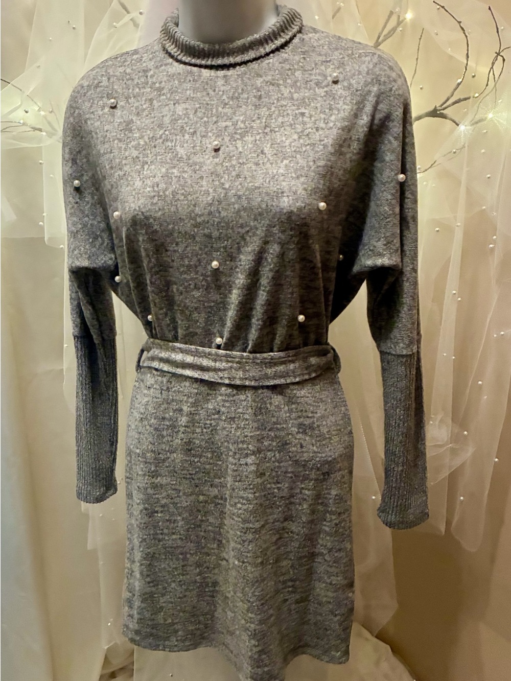 Almost Famous Grey Pearl-Embellished Mini Sweater Dress
